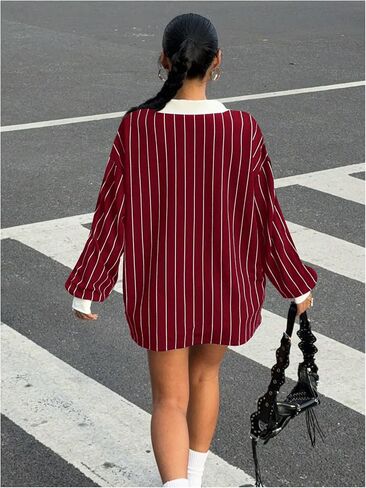 SOLY HUX Women's Oversized Tees Striped Letter Print Y2k Jersey T Shirt Collar V Neck Long Sleeve Loose Tops in Saudi Arabia
