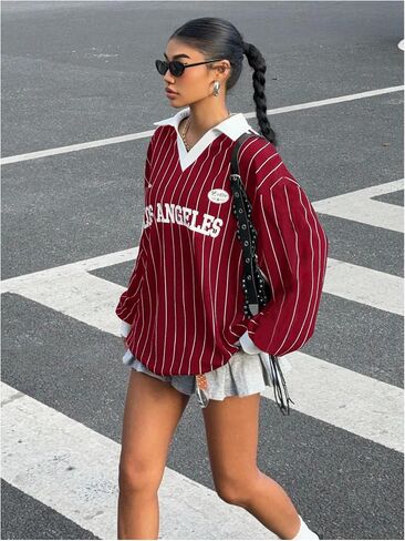 SOLY HUX Women's Oversized Tees Striped Letter Print Y2k Jersey T Shirt Collar V Neck Long Sleeve Loose Tops in Saudi Arabia