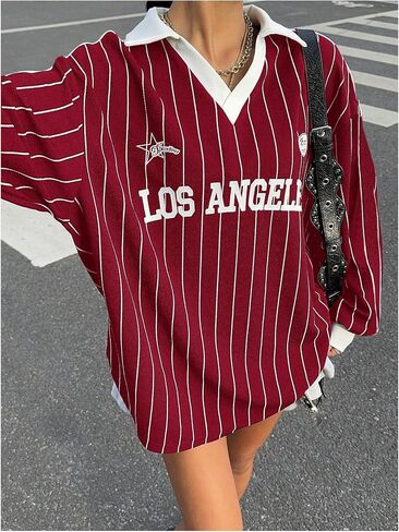 SOLY HUX Women's Oversized Tees Striped Letter Print Y2k Jersey T Shirt Collar V Neck Long Sleeve Loose Tops in Saudi Arabia