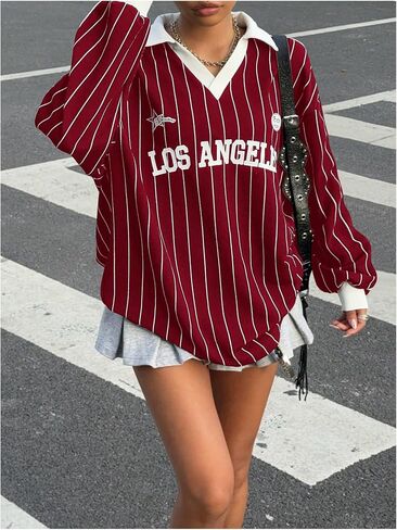 SOLY HUX Women's Oversized Tees Striped Letter Print Y2k Jersey T Shirt Collar V Neck Long Sleeve Loose Tops in Saudi Arabia