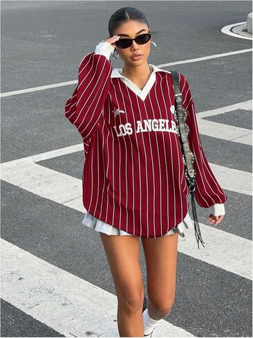 SOLY HUX Women's Oversized Tees Striped Letter Print Y2k Jersey T Shirt Collar V Neck Long Sleeve Loose Tops in Saudi Arabia