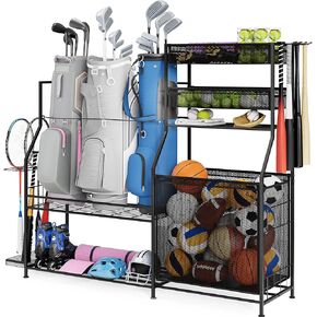 منظم معدات رياضية للجراج، 3 حامل منظم لحقائب الجولف، رف تخزين الكرة عالي التحمل مع سلة وخطافات، عربة تخزين الكرة لتخزين معدات الألعاب الرياضية، أسود in Kuwait