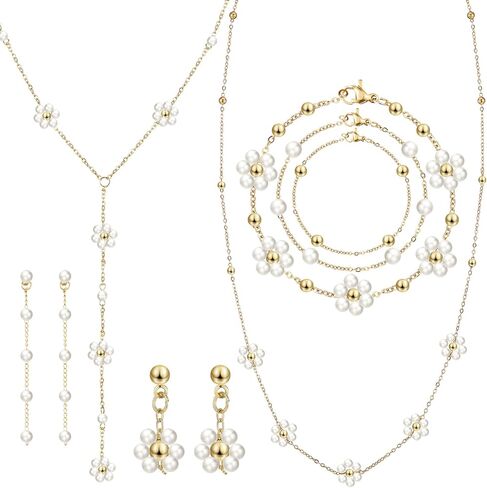 Quelay 9 Pcs Gold Pearl Jewelry Set for Women Includes Gold Plated Pearl Necklace, Drop Earrings, Bracelet for Wedding Bride Jewelry Gift in Saudi Arabia