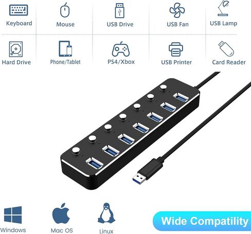 USB 3.0 HUB 7 PORT USB HUB مع مركز USB Cable Aluminior Cable طوله 2 قدم in Kuwait