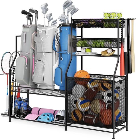 منظم معدات رياضية للجراج، 3 حامل منظم لحقائب الجولف، رف تخزين الكرة عالي التحمل مع سلة وخطافات، عربة تخزين الكرة لتخزين معدات الألعاب الرياضية، أسود in Kuwait