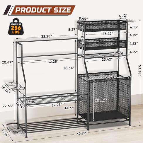 منظم معدات رياضية للجراج، 3 حامل منظم لحقائب الجولف، رف تخزين الكرة عالي التحمل مع سلة وخطافات، عربة تخزين الكرة لتخزين معدات الألعاب الرياضية، أسود in Kuwait