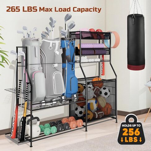 منظم معدات رياضية للجراج، 3 حامل منظم لحقائب الجولف، رف تخزين الكرة عالي التحمل مع سلة وخطافات، عربة تخزين الكرة لتخزين معدات الألعاب الرياضية، أسود in Kuwait