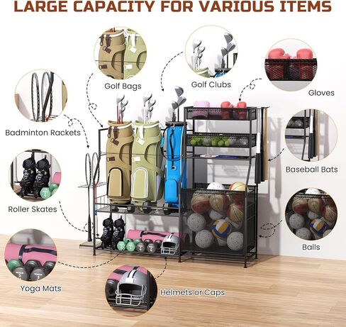 منظم معدات رياضية للجراج، 3 حامل منظم لحقائب الجولف، رف تخزين الكرة عالي التحمل مع سلة وخطافات، عربة تخزين الكرة لتخزين معدات الألعاب الرياضية، أسود in Kuwait