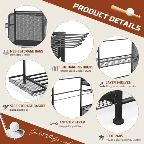 منظم معدات رياضية للجراج، 3 حامل منظم لحقائب الجولف، رف تخزين الكرة عالي التحمل مع سلة وخطافات، عربة تخزين الكرة لتخزين معدات الألعاب الرياضية، أسود in Kuwait