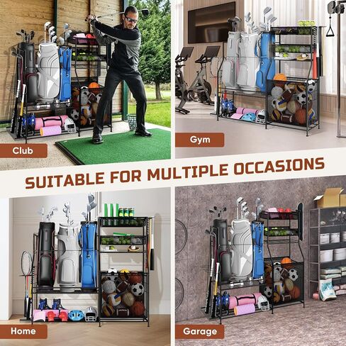 منظم معدات رياضية للجراج، 3 حامل منظم لحقائب الجولف، رف تخزين الكرة عالي التحمل مع سلة وخطافات، عربة تخزين الكرة لتخزين معدات الألعاب الرياضية، أسود in Kuwait