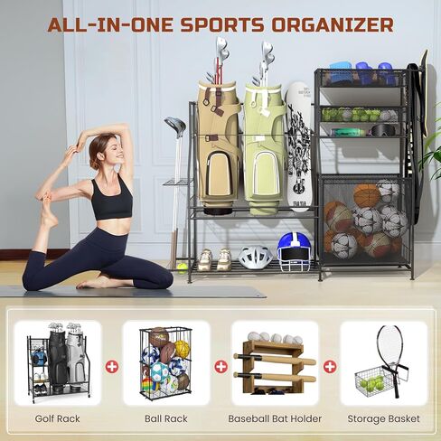 منظم معدات رياضية للجراج، 3 حامل منظم لحقائب الجولف، رف تخزين الكرة عالي التحمل مع سلة وخطافات، عربة تخزين الكرة لتخزين معدات الألعاب الرياضية، أسود in Kuwait