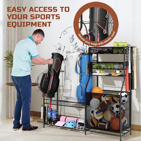 منظم معدات رياضية للجراج، 3 حامل منظم لحقائب الجولف، رف تخزين الكرة عالي التحمل مع سلة وخطافات، عربة تخزين الكرة لتخزين معدات الألعاب الرياضية، أسود in Kuwait