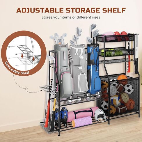 منظم معدات رياضية للجراج، 3 حامل منظم لحقائب الجولف، رف تخزين الكرة عالي التحمل مع سلة وخطافات، عربة تخزين الكرة لتخزين معدات الألعاب الرياضية، أسود in Kuwait