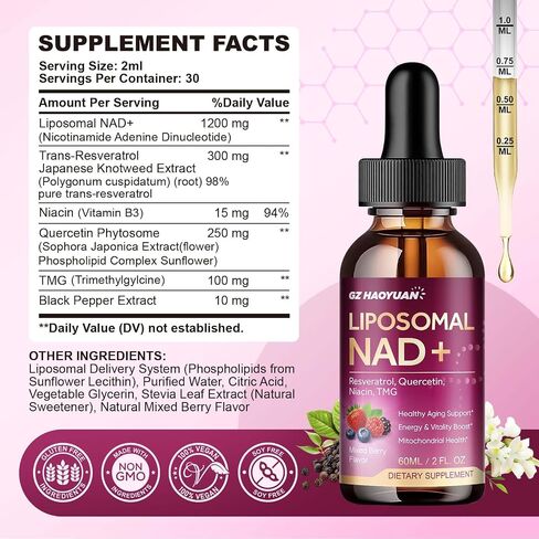 Liposomal NAD Supplement - 1200mg NAD+ Liquid Drops for Women & Men with Nicotinamide, Resveratrol, Quercetin, TMG, Black Pepper Extract - Brain & Cellular Mitochondrial Health, Anti-Aging, Longevity in Saudi Arabia