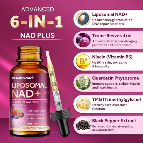 Liposomal NAD Supplement - 1200mg NAD+ Liquid Drops for Women & Men with Nicotinamide, Resveratrol, Quercetin, TMG, Black Pepper Extract - Brain & Cellular Mitochondrial Health, Anti-Aging, Longevity in Saudi Arabia