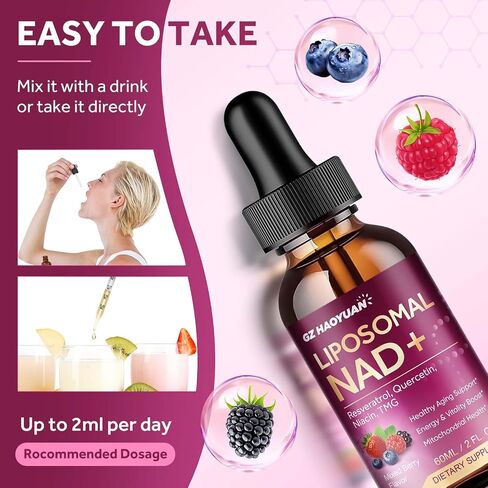 Liposomal NAD Supplement - 1200mg NAD+ Liquid Drops for Women & Men with Nicotinamide, Resveratrol, Quercetin, TMG, Black Pepper Extract - Brain & Cellular Mitochondrial Health, Anti-Aging, Longevity in Saudi Arabia