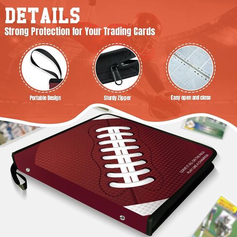 Football Card Binder 900 Pockets - Trading Cards Holder with 50 Removable Sleeves, 3 Ring Zipper Sport Collectible Card Album Storage Organizer Box, Collector Gift for Boys in Saudi Arabia