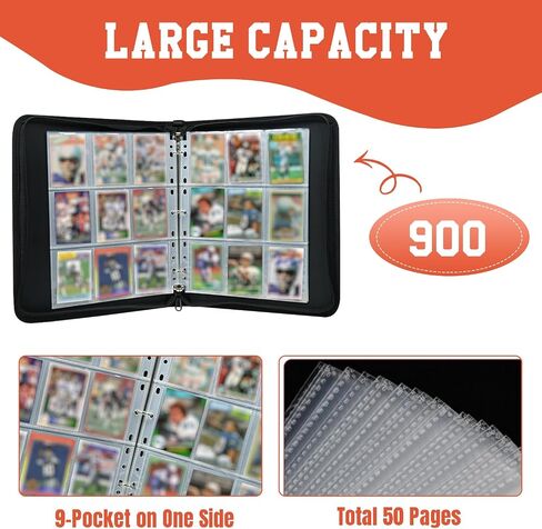 Football Card Binder 900 Pockets - Trading Cards Holder with 50 Removable Sleeves, 3 Ring Zipper Sport Collectible Card Album Storage Organizer Box, Collector Gift for Boys in Saudi Arabia