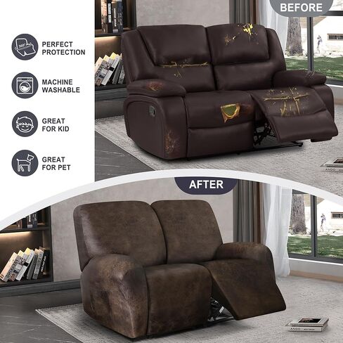 Recliner Chair Covers, Leather Look Recliner Cover, Stretch Lazy Boy Recliner Chair Covers Washable, Reclining Chair Slipcovers Furniture Protector for Pets, Soft Spandex Fabric (Brown) in Kuwait