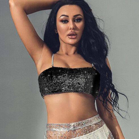 JEWEKY Sequin Sparkly Bra Top Black Backless Spaghetti Strap Clubwear Chest Top for Women in Saudi Arabia