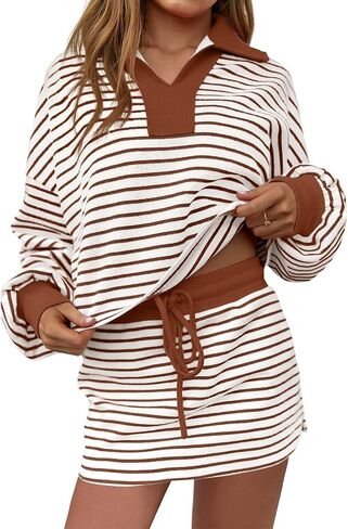 Fisoew Womens Striped 2 Piece Outfits Casual Sweatshirt Skirt Set Long Sleeve Skort Workout Set Matching Lounge Sets in Saudi Arabia