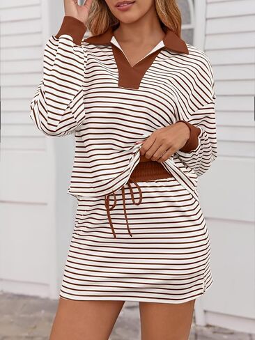 Fisoew Womens Striped 2 Piece Outfits Casual Sweatshirt Skirt Set Long Sleeve Skort Workout Set Matching Lounge Sets in Saudi Arabia