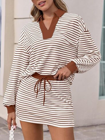 Fisoew Womens Striped 2 Piece Outfits Casual Sweatshirt Skirt Set Long Sleeve Skort Workout Set Matching Lounge Sets in Saudi Arabia