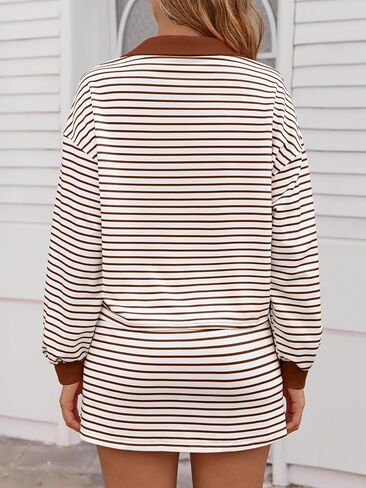 Fisoew Womens Striped 2 Piece Outfits Casual Sweatshirt Skirt Set Long Sleeve Skort Workout Set Matching Lounge Sets in Saudi Arabia