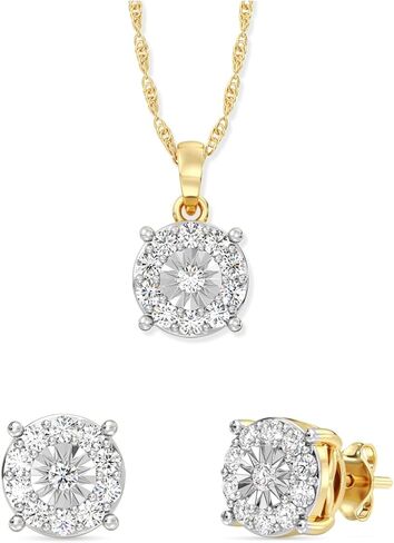 GILDED 1 CTTW Lab-Grown Diamond Round Necklace & Earring Set, Sterling Silver or 14K Gold-Plated, 18" Chain, Tarnish-Resistant, Elegant & Ethical Jewelry for Women, Gift-Boxed, Perfect for Gifting in Kuwait