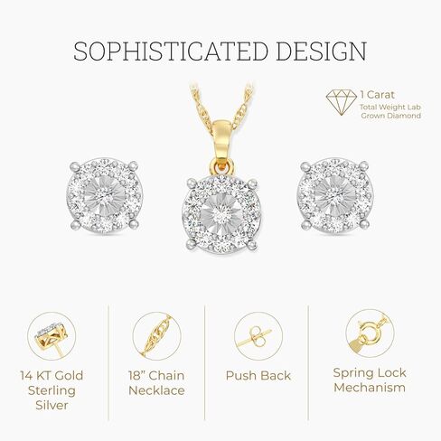 GILDED 1 CTTW Lab-Grown Diamond Round Necklace & Earring Set, Sterling Silver or 14K Gold-Plated, 18" Chain, Tarnish-Resistant, Elegant & Ethical Jewelry for Women, Gift-Boxed, Perfect for Gifting in Kuwait