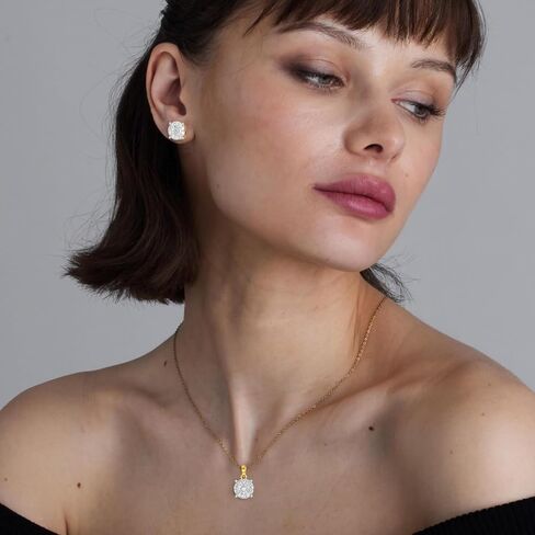GILDED 1 CTTW Lab-Grown Diamond Round Necklace & Earring Set, Sterling Silver or 14K Gold-Plated, 18" Chain, Tarnish-Resistant, Elegant & Ethical Jewelry for Women, Gift-Boxed, Perfect for Gifting in Kuwait