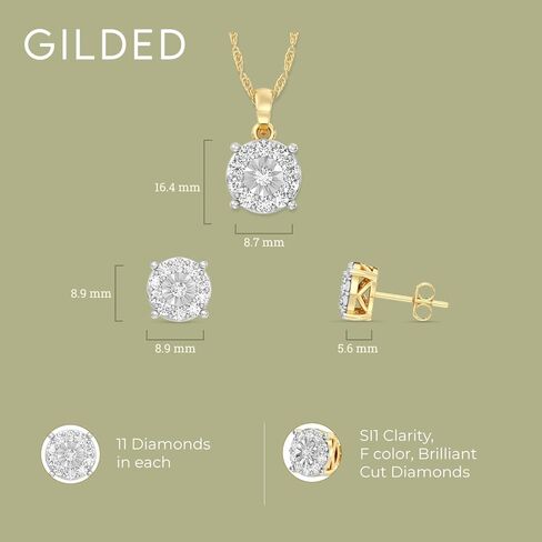 GILDED 1 CTTW Lab-Grown Diamond Round Necklace & Earring Set, Sterling Silver or 14K Gold-Plated, 18" Chain, Tarnish-Resistant, Elegant & Ethical Jewelry for Women, Gift-Boxed, Perfect for Gifting in Kuwait