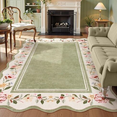سجادة Lahome Floral Scalloped 5x7 ، السجاد الخضراء لغرفة المعيشة فائقة ، سجادة قابلة للغسل قابلة للغسل 5x7 سجاد غرفة نوم ناعمة سجادة رمي غير قابلة للانزلاق لمزرعة غرفة الطعام في مزرعة غرفة الطعام in Saudi Arabia