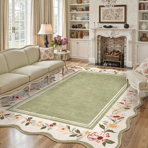 سجادة Lahome Floral Scalloped 5x7 ، السجاد الخضراء لغرفة المعيشة فائقة ، سجادة قابلة للغسل قابلة للغسل 5x7 سجاد غرفة نوم ناعمة سجادة رمي غير قابلة للانزلاق لمزرعة غرفة الطعام في مزرعة غرفة الطعام in Saudi Arabia