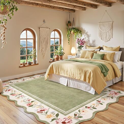 سجادة Lahome Floral Scalloped 5x7 ، السجاد الخضراء لغرفة المعيشة فائقة ، سجادة قابلة للغسل قابلة للغسل 5x7 سجاد غرفة نوم ناعمة سجادة رمي غير قابلة للانزلاق لمزرعة غرفة الطعام في مزرعة غرفة الطعام in Saudi Arabia