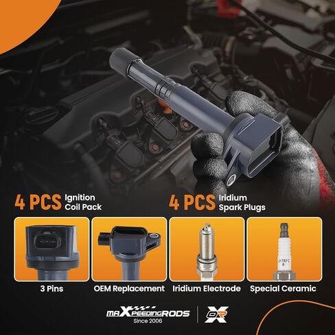 MaxPeedingRods UF712 مجموعة من 4 حزمة ملفات الإشعال ومسندات شرارة Iridium ملائمة لـ Acura ILX TLX 2015-2020 L4 2.4L ، لـ Honda Accord CR-V L4 2.4L 2013-2019 ، Coil Kit استبدال UF-712 3052A2A01 in Kuwait