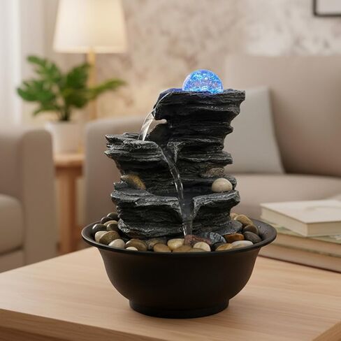 Rock Cascading Tabletop Fountain with Spinning Ball, Zen Meditation Indoor Waterfall Feature with LED Light for Home Office Bedroom in Kuwait