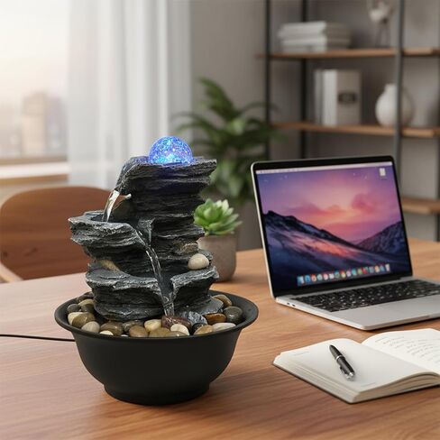 Rock Cascading Tabletop Fountain with Spinning Ball, Zen Meditation Indoor Waterfall Feature with LED Light for Home Office Bedroom in Kuwait