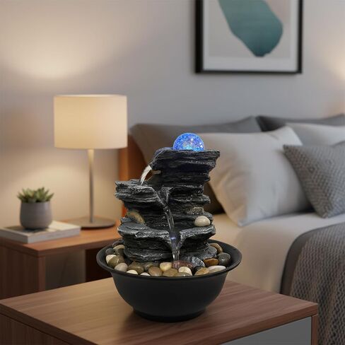 Rock Cascading Tabletop Fountain with Spinning Ball, Zen Meditation Indoor Waterfall Feature with LED Light for Home Office Bedroom in Kuwait