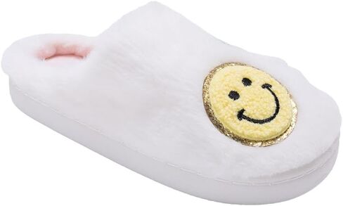 kensie Girls' Faux Fur Slippers – Cozy Slip-On House Slippers with Cute Patches, Soft Plush Indoor Shoes for Little Kid/Big Kid in Saudi Arabia