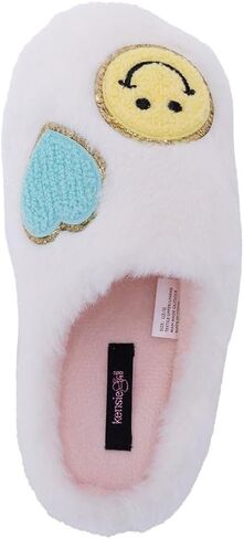kensie Girls' Faux Fur Slippers – Cozy Slip-On House Slippers with Cute Patches, Soft Plush Indoor Shoes for Little Kid/Big Kid in Saudi Arabia
