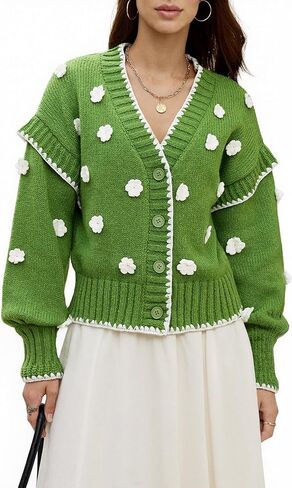 Womens Floral Cardigan Sweater Chunky Knit Drop Shoulder V Neck Button Down Embroidered Flower Cardigan Tops in Saudi Arabia