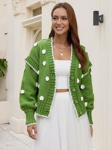 Womens Floral Cardigan Sweater Chunky Knit Drop Shoulder V Neck Button Down Embroidered Flower Cardigan Tops in Saudi Arabia