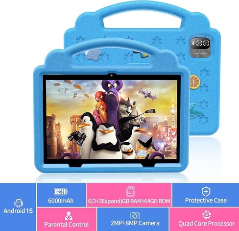 10 Inch Kids Tablet with Case, Android 15 Tablets for Age 3-12, 64GB Educational Pad, 5G WIFI6,Parental Control, Dual Camera, 6000mAh, Bluetooth in Saudi Arabia