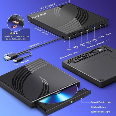 محرك الأقراص المضغوطة/DVD الخارجية للكمبيوتر المحمول ، محارق Ultra Slim CD USB 3.0 مع 4 منافذ USB ، فتحات بطاقة TF/SD ، منفذ واحد من النوع C ، مشغل DVD للكمبيوتر المحمول مع CASE (رمادي) in Kuwait