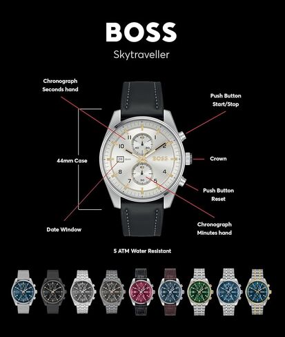 BOSS Skytraveller Men's 44mm Stainless Steel Chronograph Wristwatch - Water Resistant up to 5ATM/50 Meters, Sporty and Sophisticated in Saudi Arabia