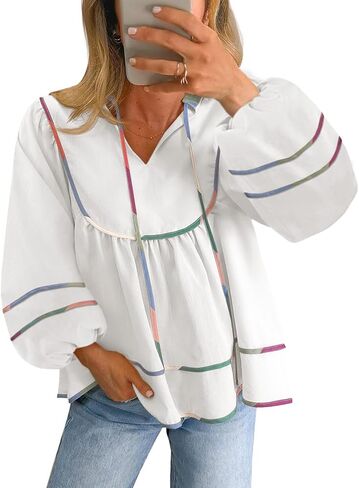 Cicy Bell Womens Long Sleeve Peplum Tops Flowy Babydoll Blouses Cute Loose Fit V Neck Shirts in Saudi Arabia
