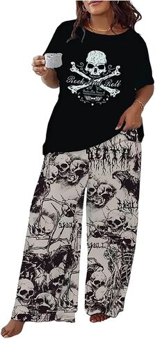 Verdusa Women's Plus Size 2 قطعة رسومات جمجمة Pajama مجموعة القوطي القوطية قصيرة Tee Top و Pants Loungewear in Kuwait