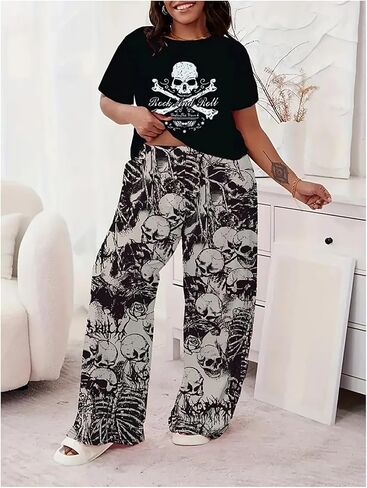 Verdusa Women's Plus Size 2 قطعة رسومات جمجمة Pajama مجموعة القوطي القوطية قصيرة Tee Top و Pants Loungewear in Kuwait
