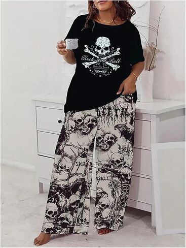Verdusa Women's Plus Size 2 قطعة رسومات جمجمة Pajama مجموعة القوطي القوطية قصيرة Tee Top و Pants Loungewear in Kuwait